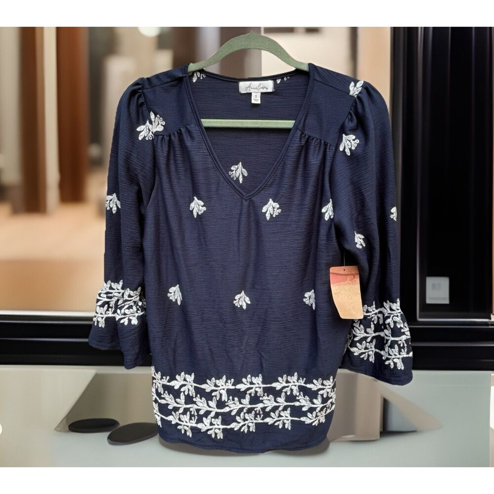 NEW Anneliese Navy Blue White Floral Embroidered Ruffle Sleeve V-Neck Top -Small